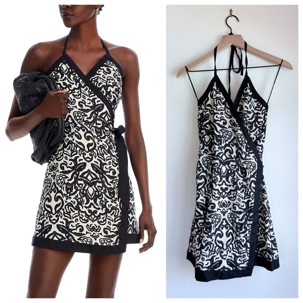 NEW French Connection Cristyn Birdie Linen Blend Halter Wrap Dress in Black Sz 6